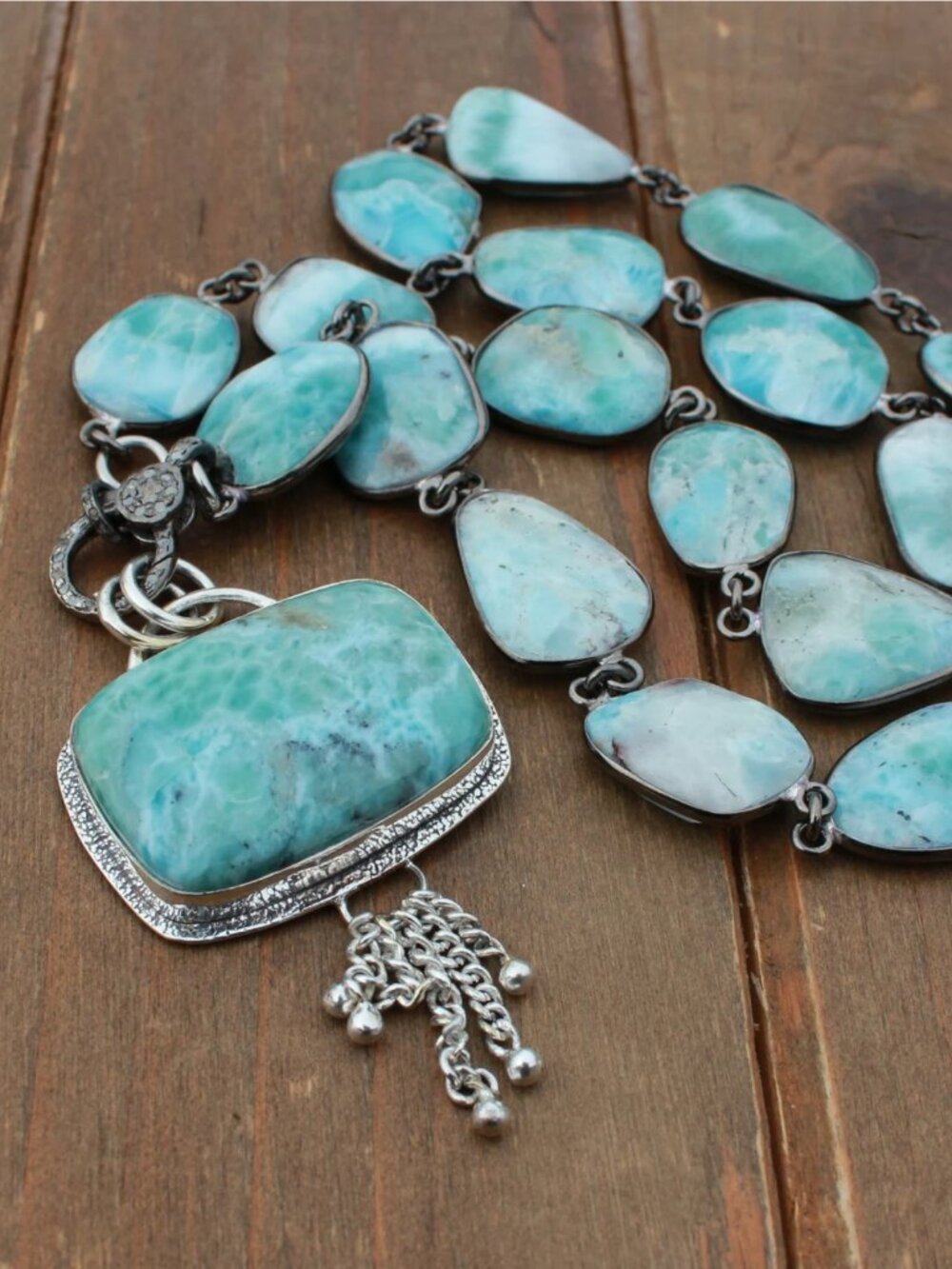Larimar Gemstone Necklace with Diamond Pave Clasp
